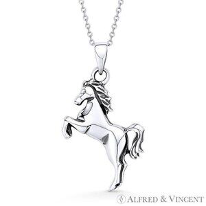 Rearing Mustang Stallion Horse 925 Sterling Silver Animal Charm Necklace Pendant